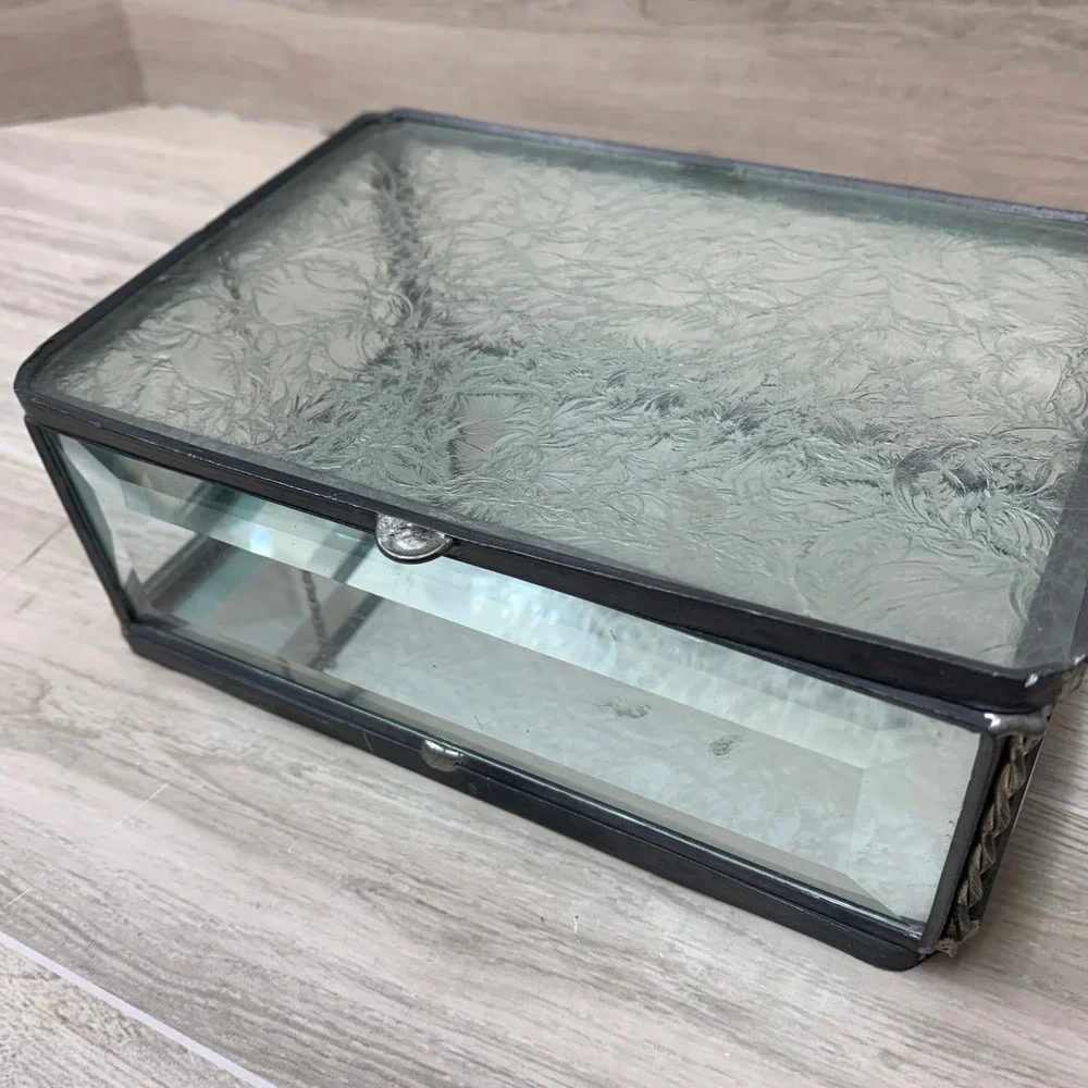 Vintage‎ Frosted Ice Glass Jewelry Box Beveled Sides Mirrored Bottom 6x4x2.5